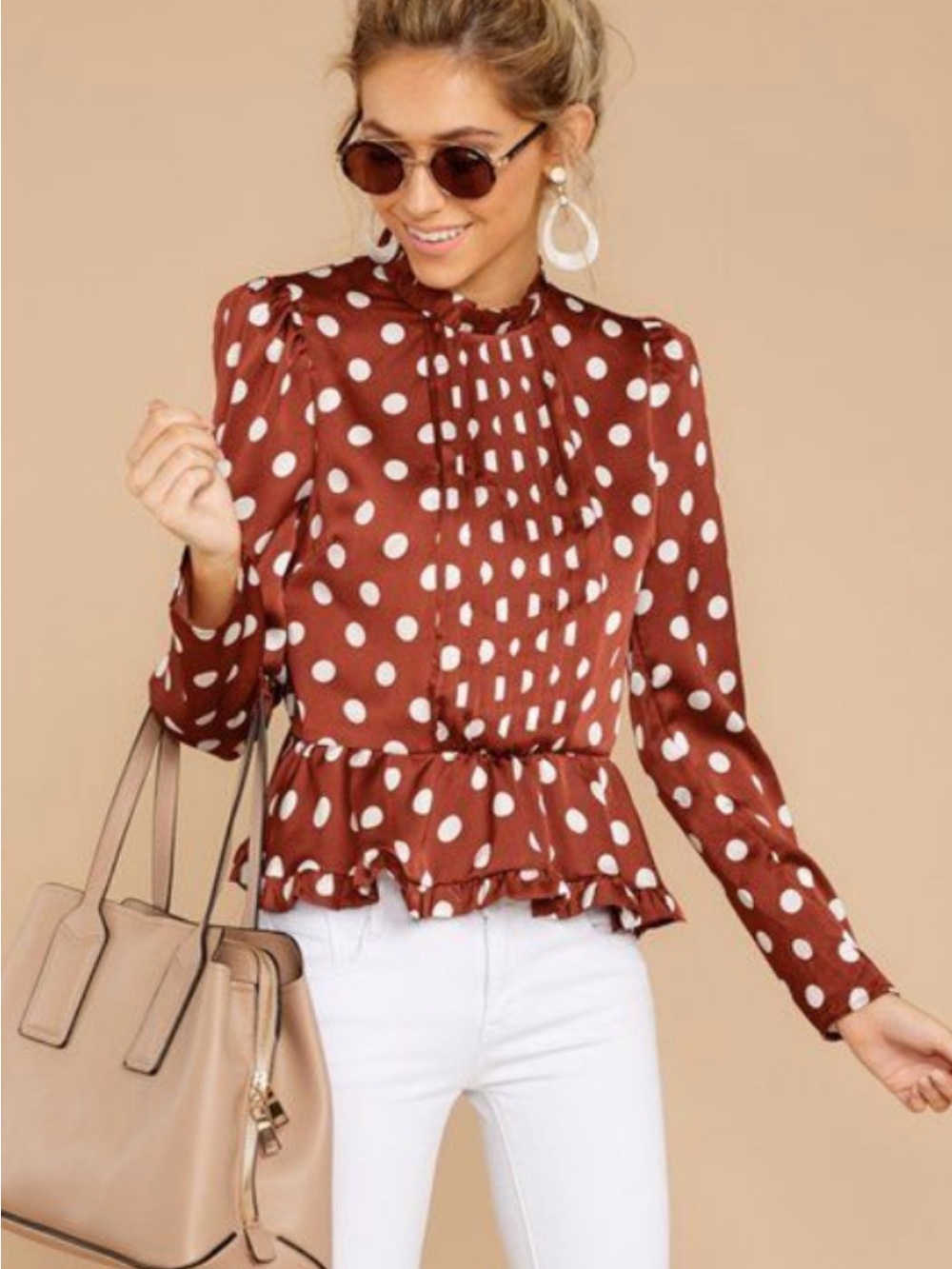 DO+BE Polka Dot Ruffle Peplum Blouse - Brown/White